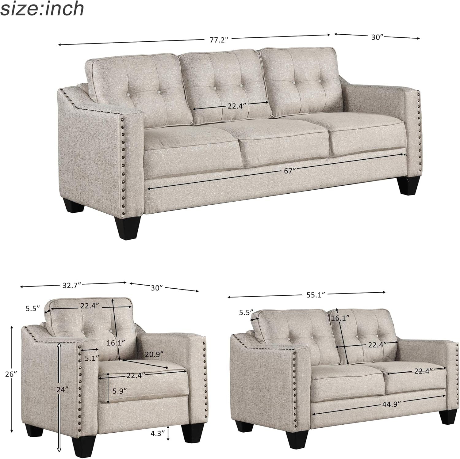 3 Piece Linen Upholstered Living Room Furniture Sets Including Three Seater Sofa & Loveseat & Single Armchair with Button Tufted Cushion Back and Nailhead Trim for Apartment/Bedroom-2