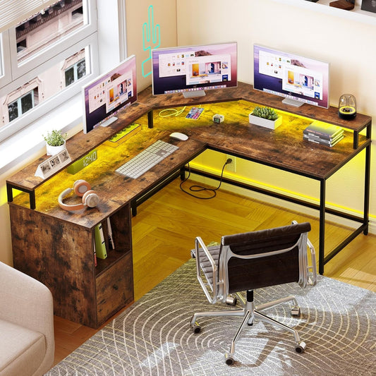 L Shaped Desk with Power Outlets & LED Lights, 67" Computer Desk with File Drawer, Corner Desk Home Office Desk with Monitor Stand & 3 Cubbies Storage Shelves, Rustic Brown-1