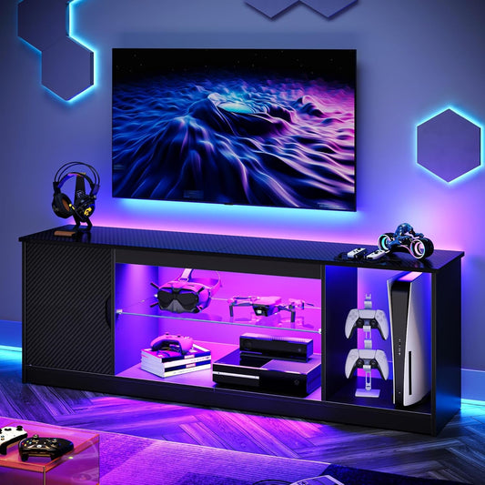 LED TV Stand for 55/60/65 Inch TV, Gaming Entertainment Center with Cabinet for PS5, Xbox,Modern TV Cabinet with Adjustable Glass Shelves for Living Room, Bedroom 58 Inch,Black-0