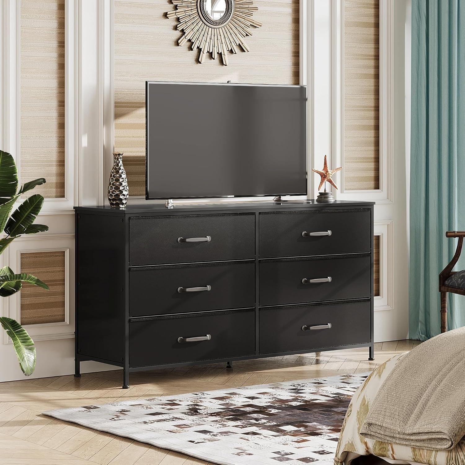 Wide Fabric Dresser, 6 Drawer Dresser TV Stand for 60" TV, Dressers Bedroom Furniture Large Storage Tower Unit with Fabric Bins, Black Dresser for Bedroom, Closet, Hallway, Black-1