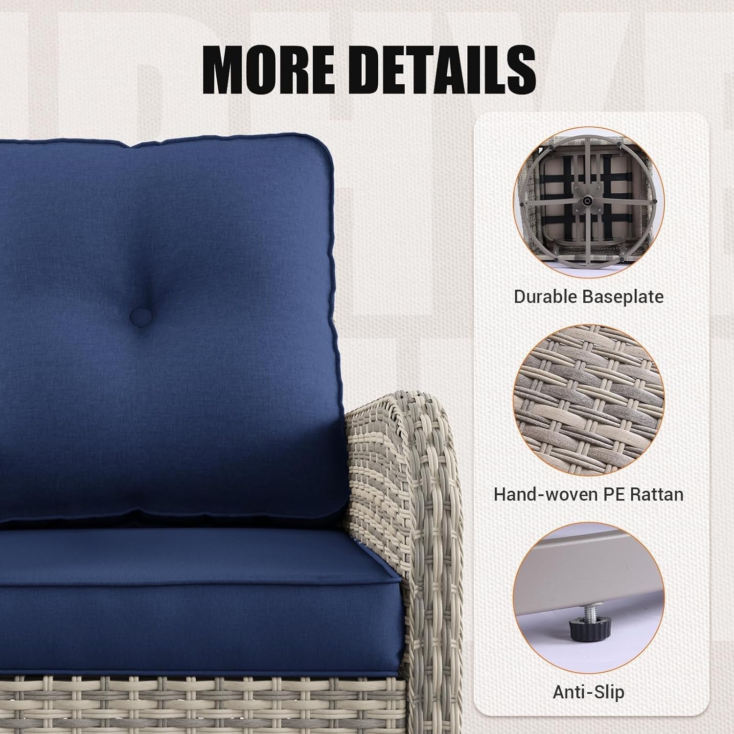 Patio Rocking Swivel Chair Outdoor Wicker Rattan Bistro Set with Tempered Glass Side Table, Outdoor Patio Furniture Set for Garden, Deck, and Balcony, Blue-2