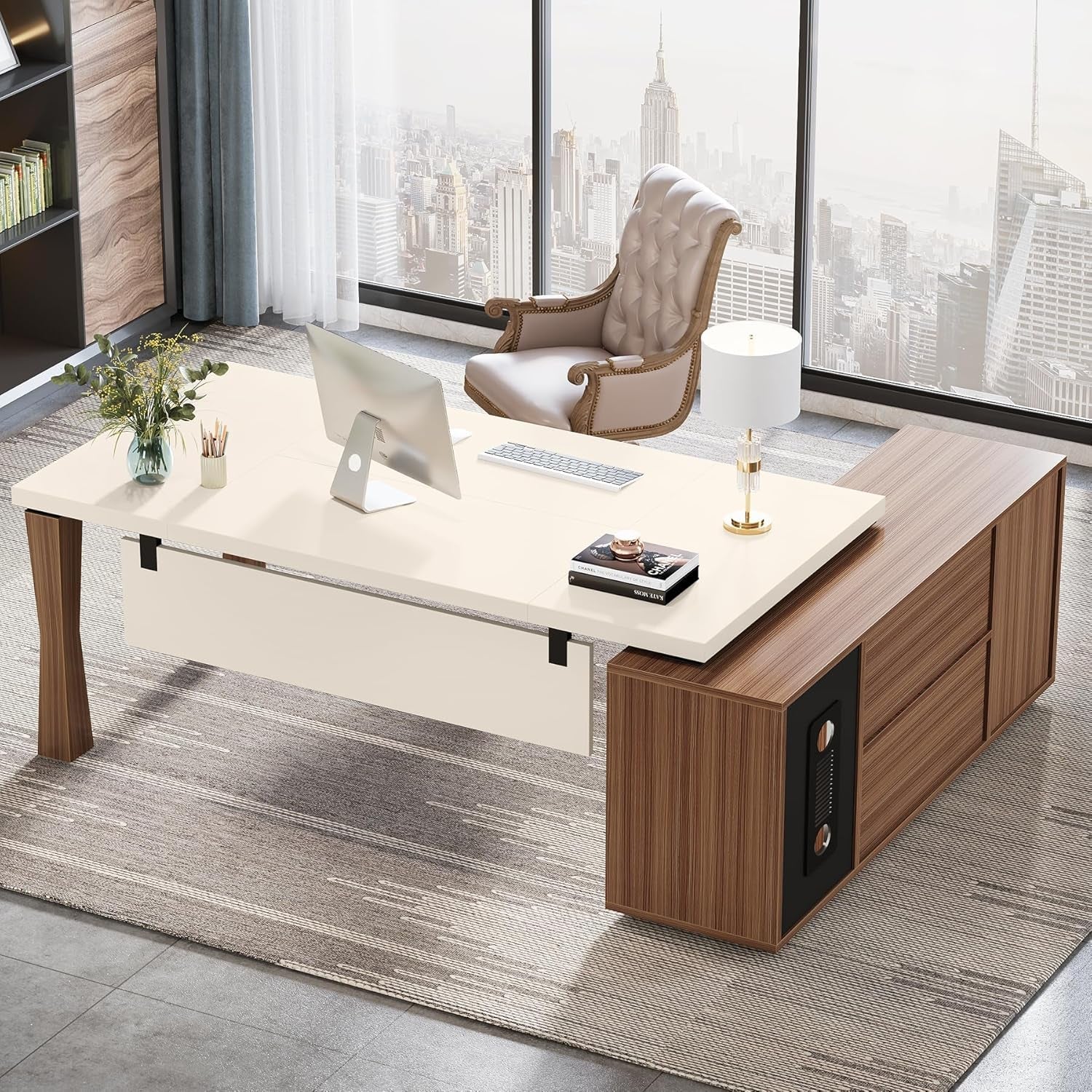 78.7-Inch Executive Desk, L-Shaped Desk with Cabinet, Large Office Desk with Storage Shelves, Writing Table Desk Business Furniture Set for Home Office, Cream White Walnut-4