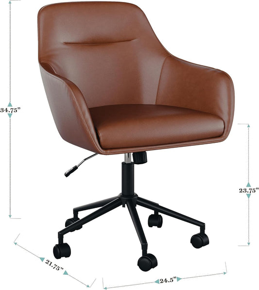 Rayna Swivel Task Chair with Flared Arms for Home Office in Saddle Brown Faux Leather with Oil Rubbed Bronze Frame-0