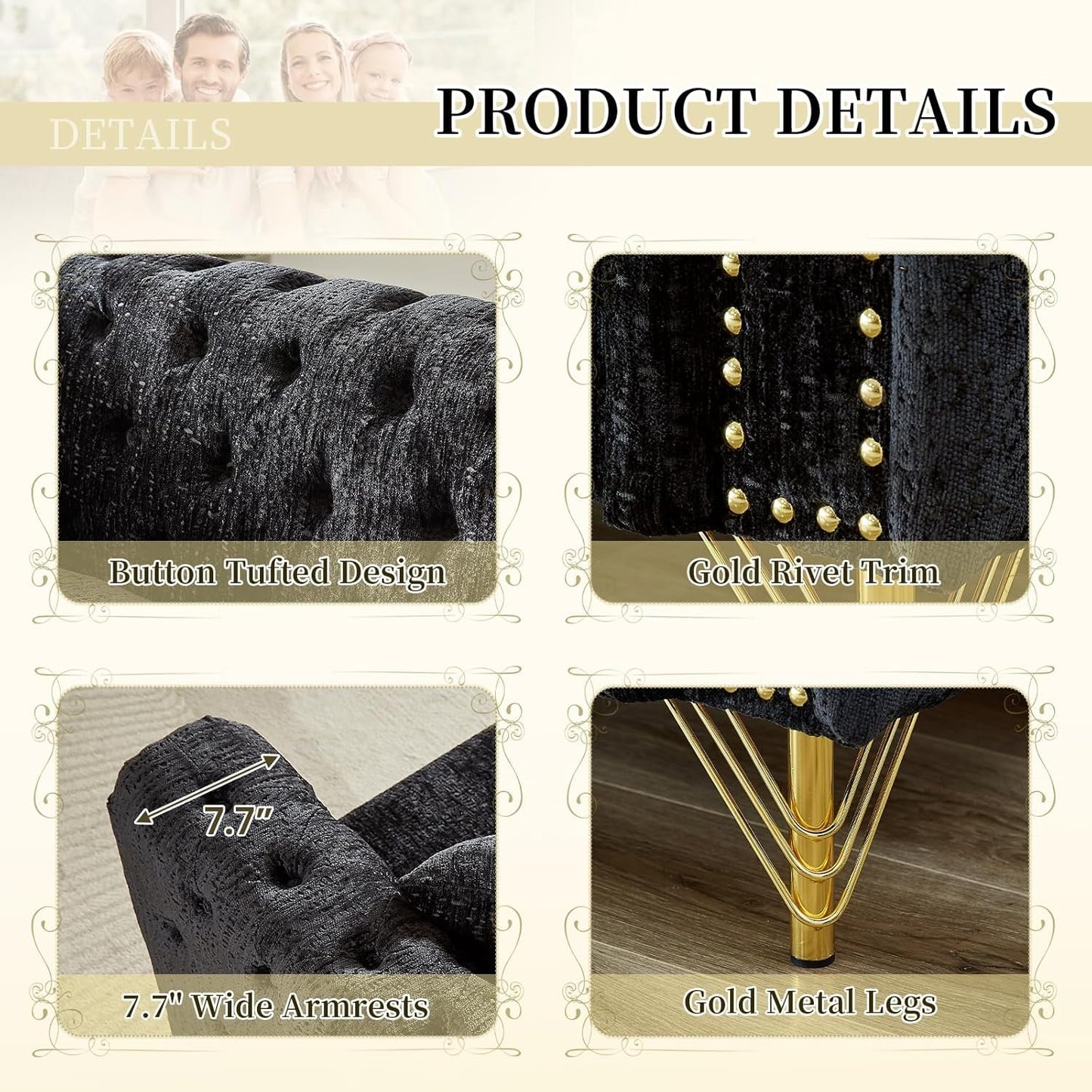 2 Pieces Chenille Living Room Furniture Sofa Couch Set,Button Tufted Comfy Couch with Nailhead Trim&Metal Legs,Mid Century Modern Couch and Loveseat Sets for Living Room(Loveseat+3 Seater Sofa,Black)-3