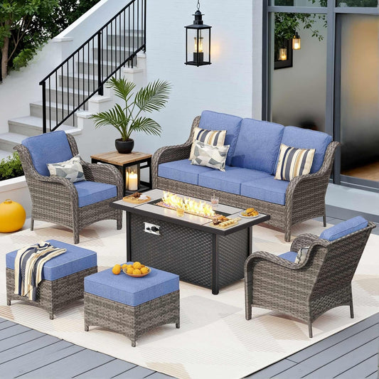 6 Pieces Outdoor Patio Furniture Set with 53" Fire Pit Table Rattan Sectional Conversation Sets W/Gas Fire Pit, 2 Ottomans, Gray Wicker/Blue-0
