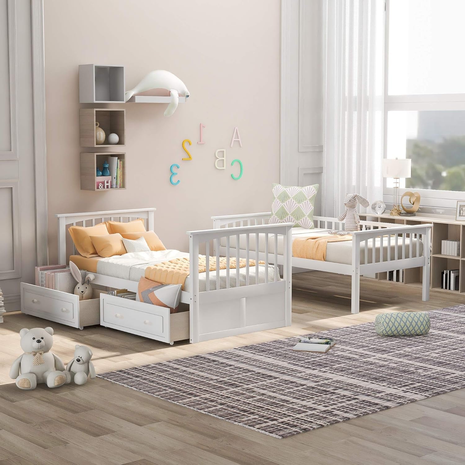 Harper & Bright Convertible Wood Twin-Over-Twin Bunk Bed with Storage Drawers and Ladder - Can Be Divided into Two Daybeds (White)-3