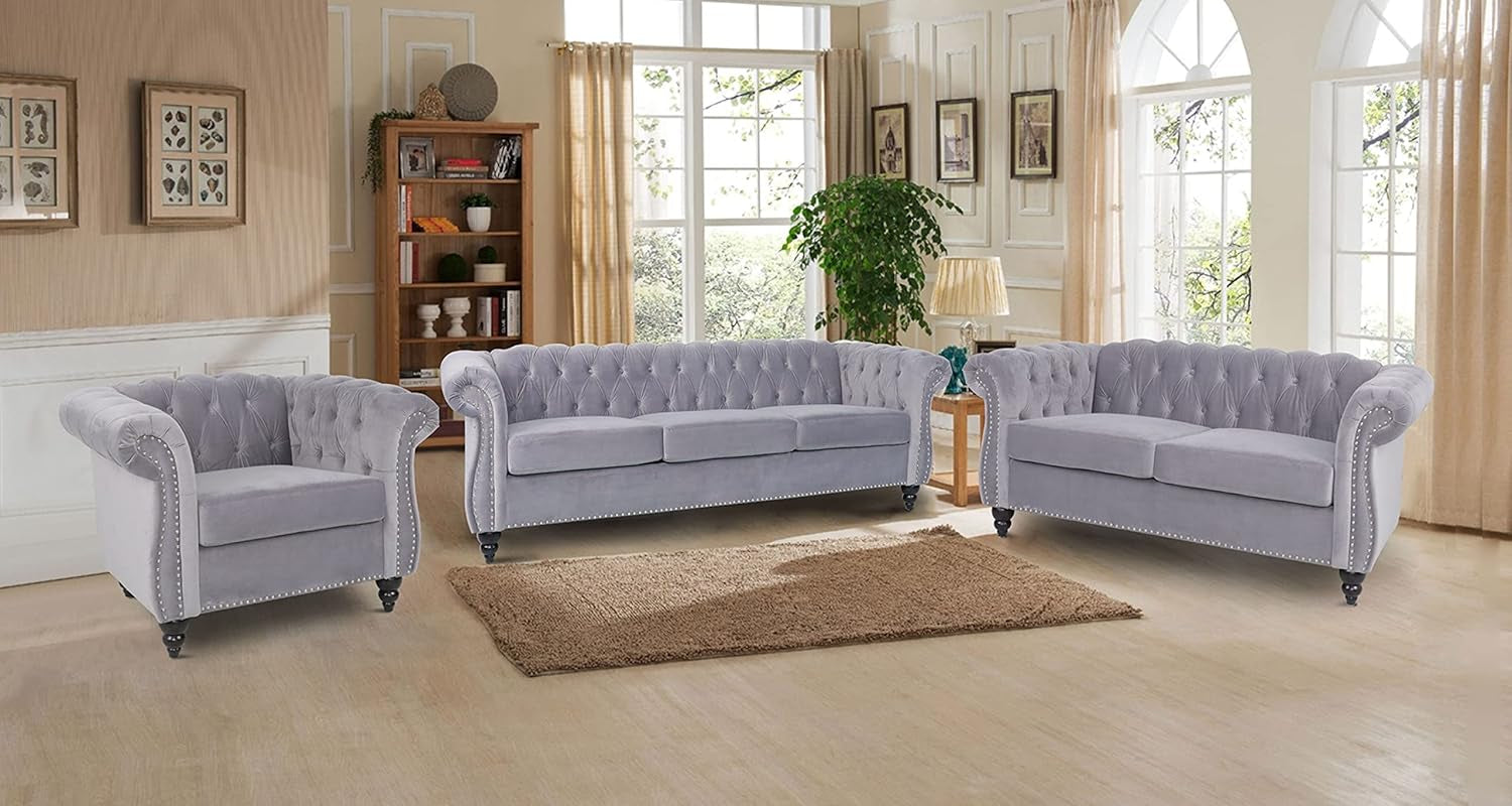 3 Pieces of Living Room Furniture Sofa Sets, Modern Velvet Chesterfield Sofa&Chesterfield Club Chair&Chesterfield Loveseat Sofas Set with Nailhead Trim Scroll Arms for Living Room(Grey)-2