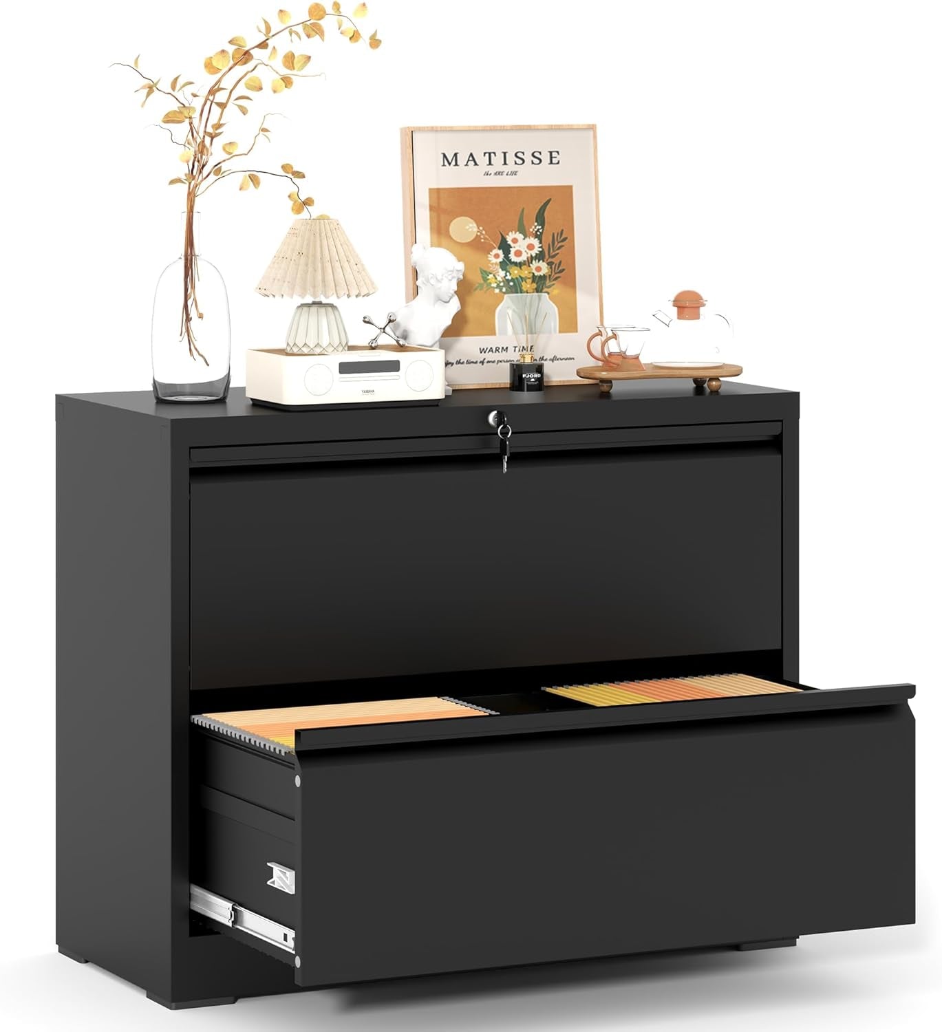 Lateral File Cabinet with Lock,2 Drawer Metal Filing Cabinets, Home Office Storage Cabinet for Hanging Files Letter/Legal/F4/A4 (Black)-0