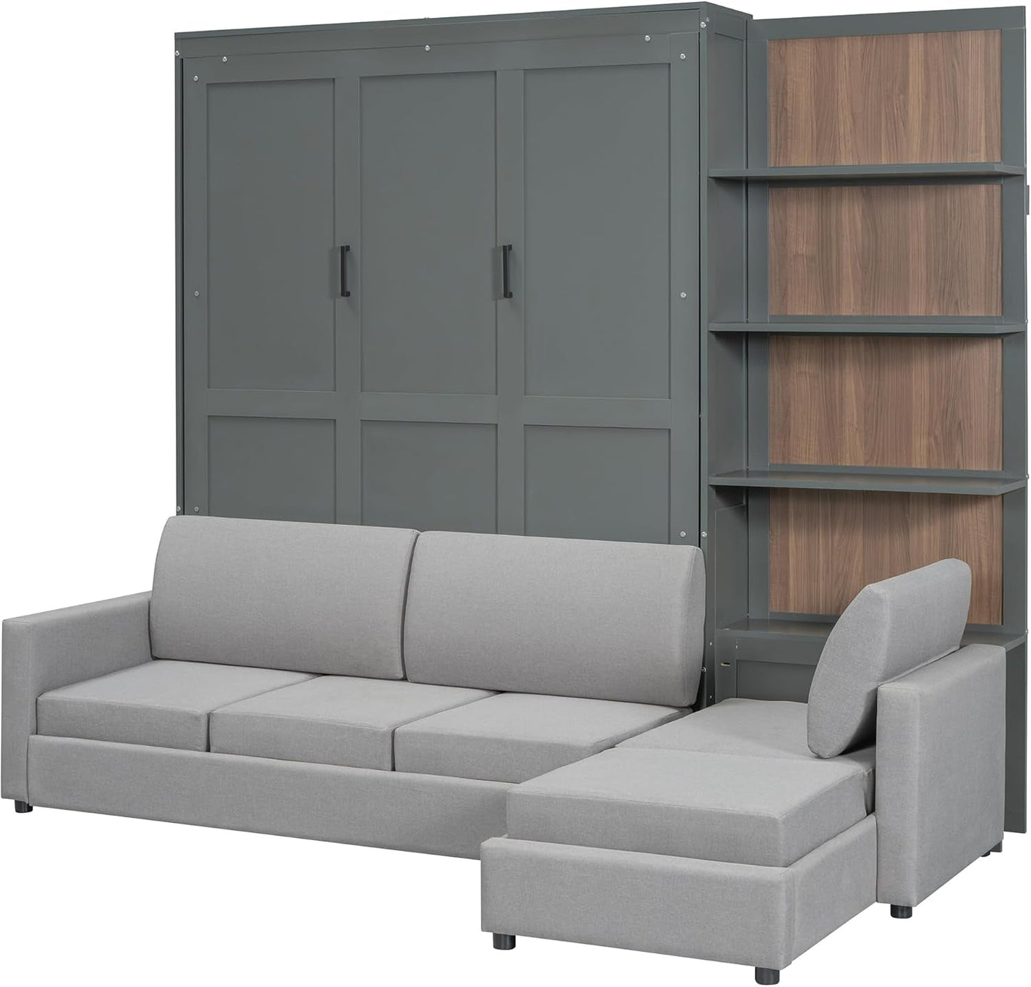 Queen Size Murphy Bed with Sofa and Shelves, Gray-4
