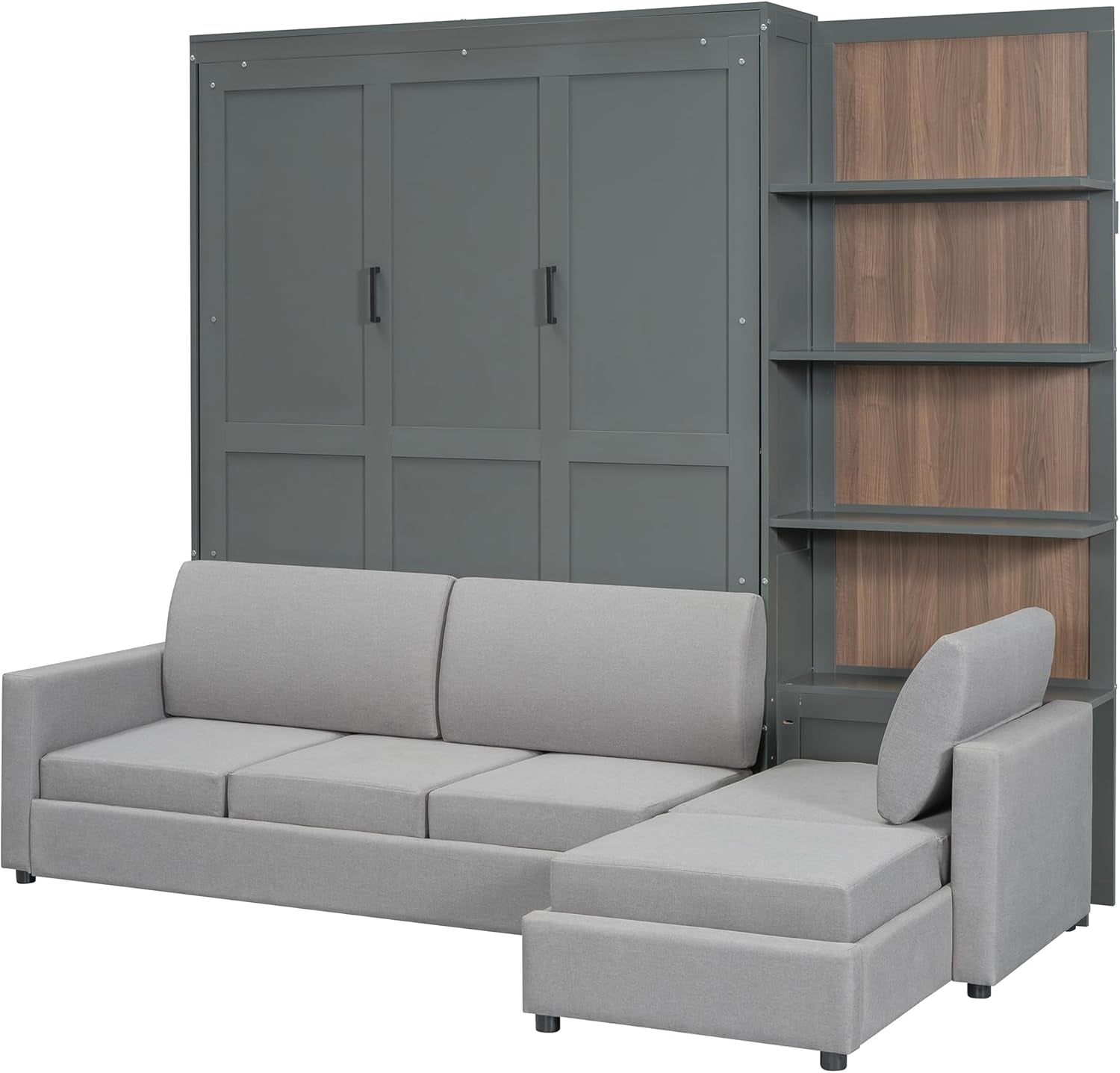 Queen Size Murphy Bed with Sofa and Shelves, Gray-4