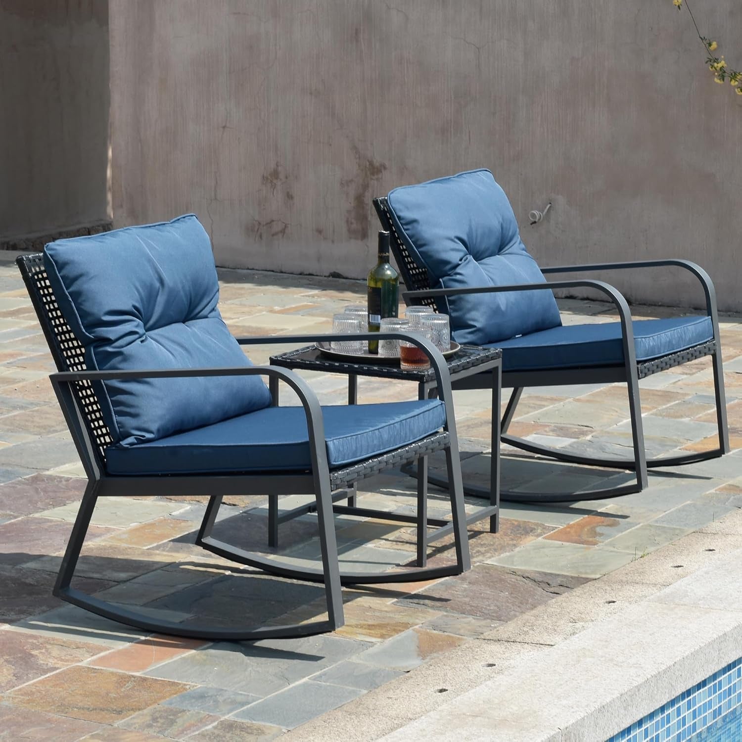 Patio Rocking Chair Outdoor Bistro Set (Dark Blue, 3PIECES)-2