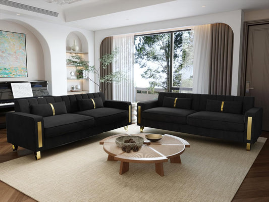2-Piece Loveseat Couch Set for Living Room, 86" Black Velvet Sofa Couch with 4 Pillows & Gold Metal Legs, Modern Upholstered Sofa Set Love Seat Sectional Couches for Apartment Home Office-0