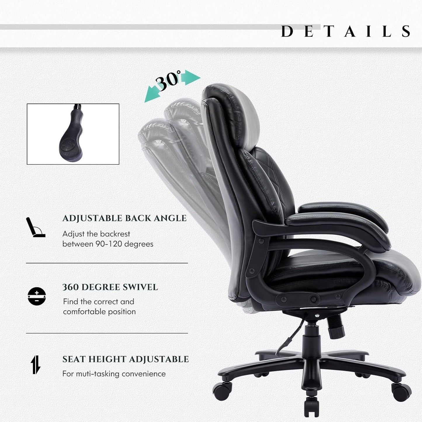 Big and Tall Office Chair 400Lbs-Heavy Duty Executive Desk Chair with Extra Wide Seat, High Back Ergonomic Leather Computer Chair with Tilt Rock&Tension, Padded Armrests-Black-2