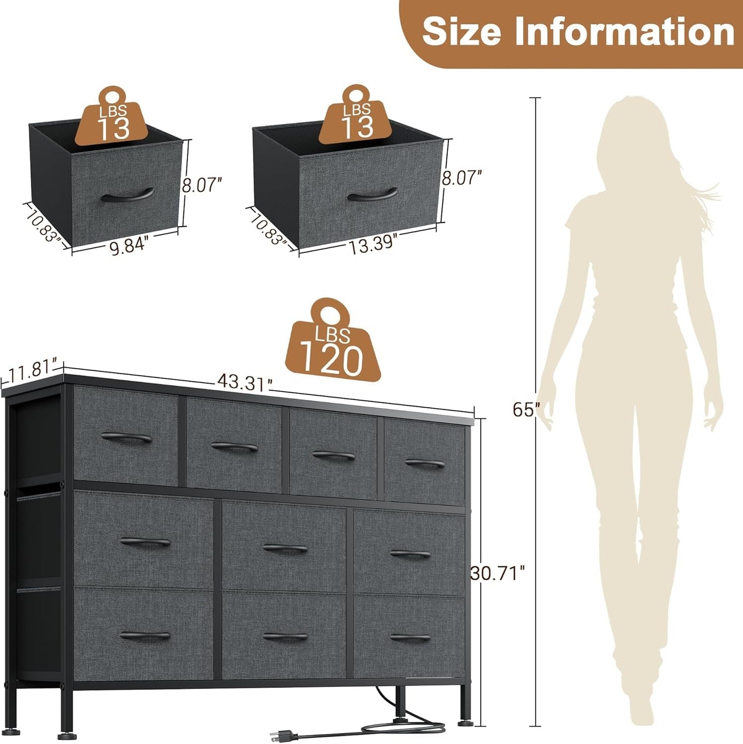 Dresser for Bedroom 10 Drawer Bedroom TV Stand with Power Outlet, Entertainment Center Chest of Drawers, Long Fabric Dresser for Living Room save Space Grey-1