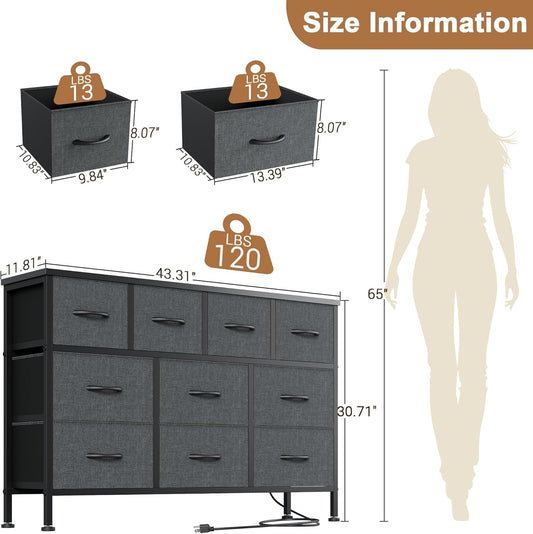 Dresser for Bedroom 10 Drawer Bedroom TV Stand with Power Outlet, Entertainment Center Chest of Drawers, Long Fabric Dresser for Living Room save Space Grey-1