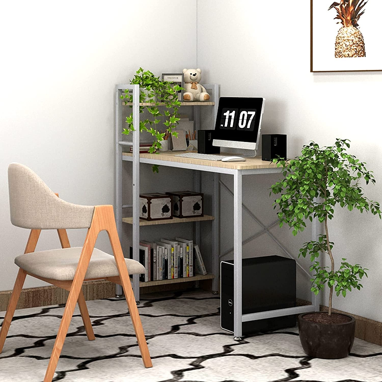 Small 4-Tier Desk with Bookshelf - Natural/White-3