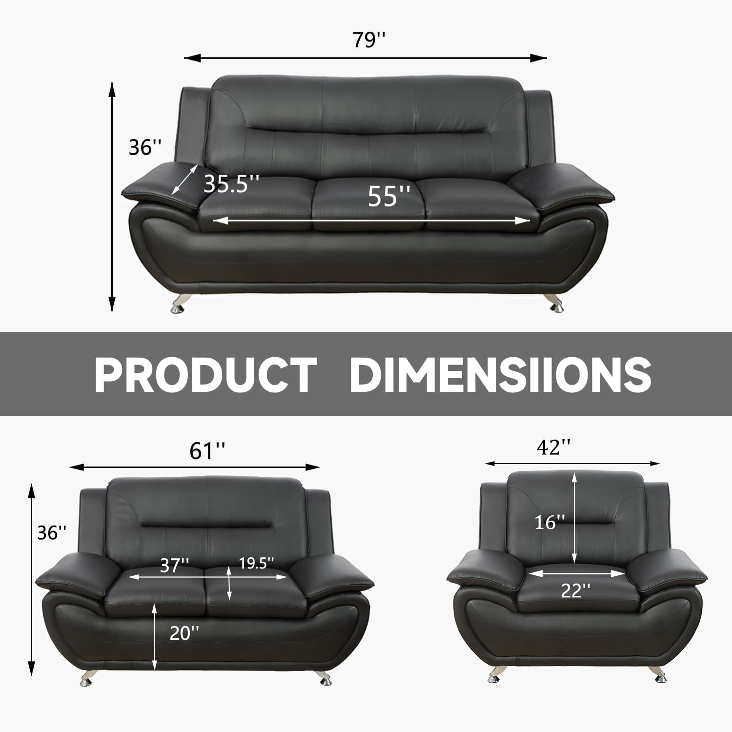 Living Room Furniture Set, Faux Leather Sofa Couch Set, 3 Pieces Modern Sofa Set for Living Room/Apartment/Office (Black)-4