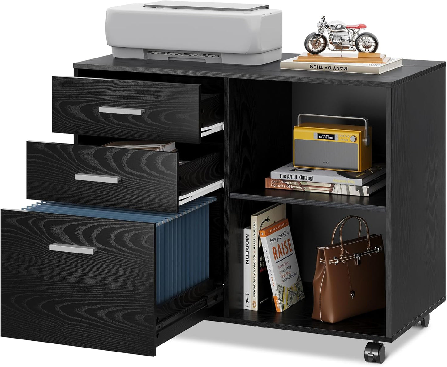 3 Drawer Mobile File Cabinet, Wood Lateral Filing Cabinet, Printer Stand with Open Shelves for Home Office, Black-0