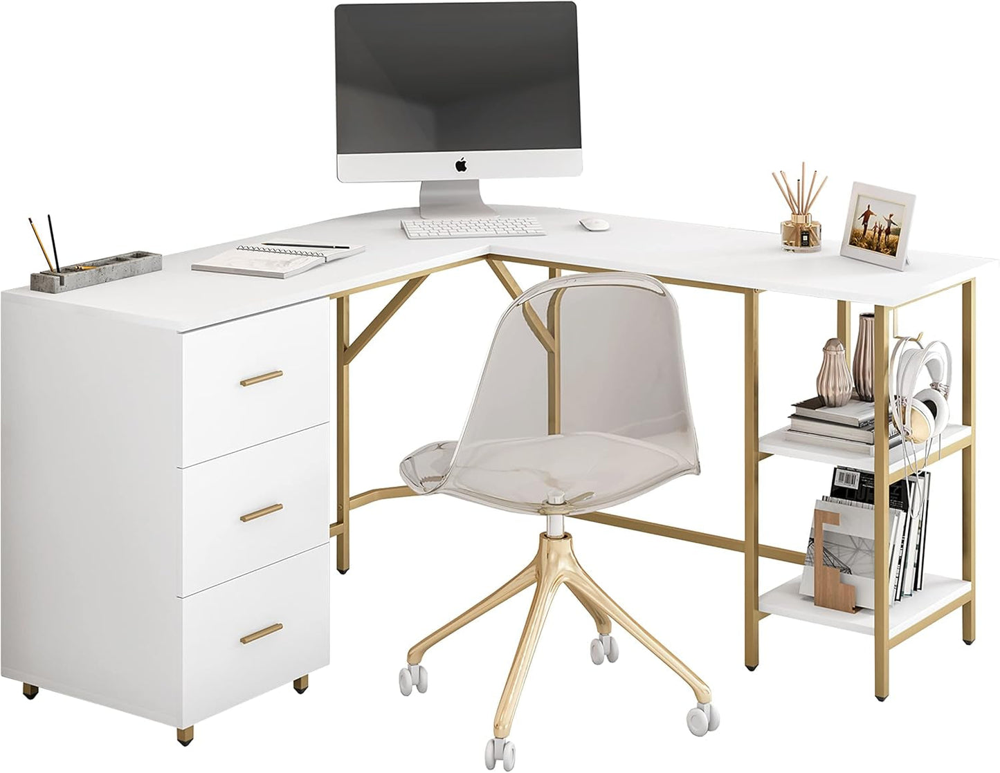 L Shaped Desk - Two-Toned Computer Desk with Drawers & Storage Shelves - Simple Modern Furniture & Home Office Space Corner Table for Work & Writing-0