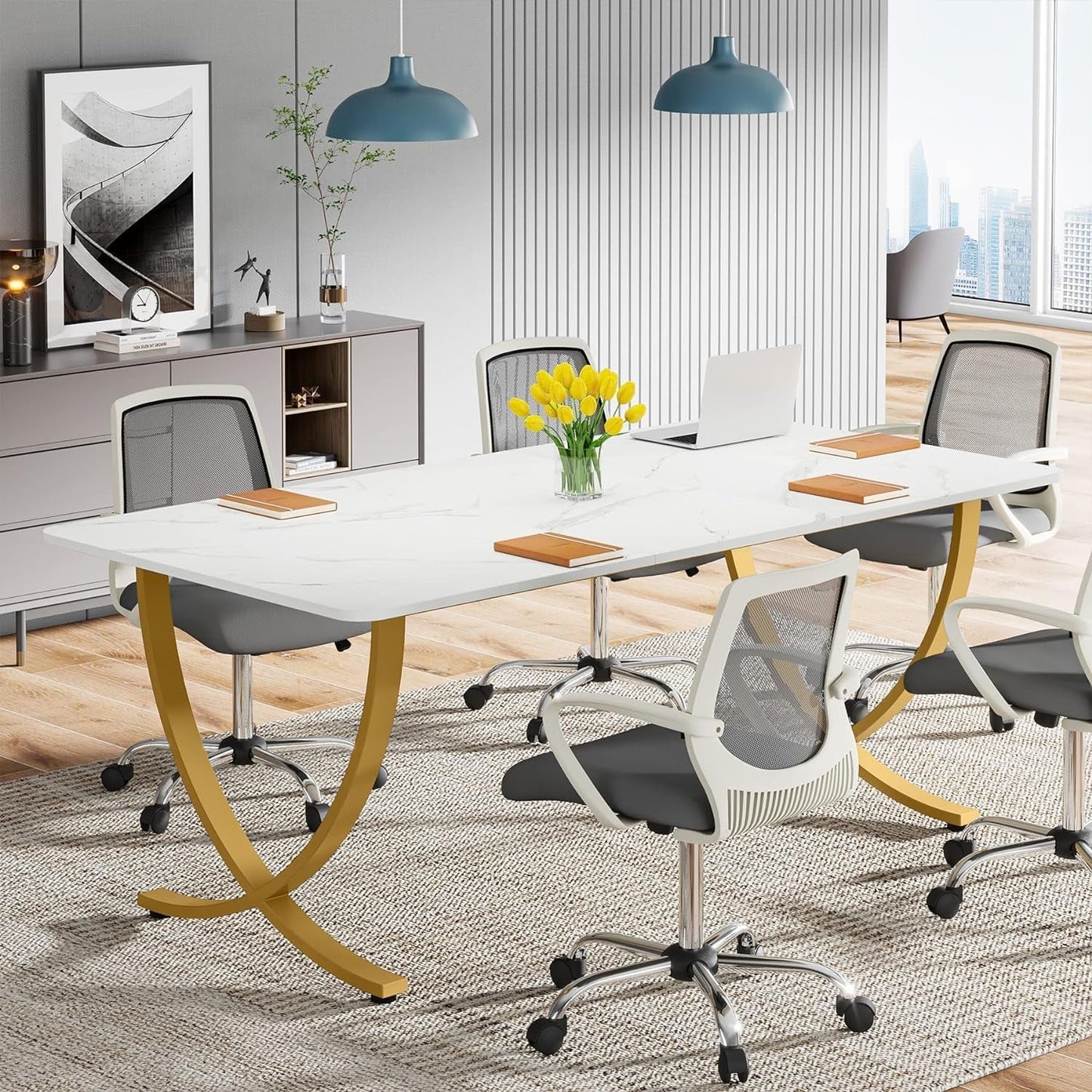 Executive Desk, 63” W X 31.5” D Large Office Desk, Modern Computer Desk Conference Table Meeting Room Table, Business Furniture for Home Office, White and Gold-3