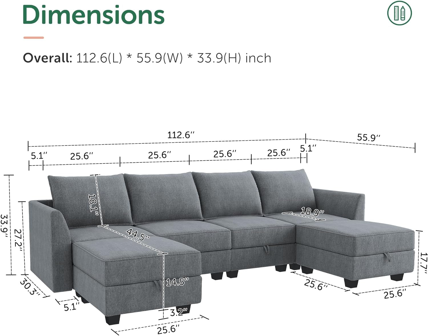 Modular U-Shaped Sectional Sofa Bluish Grey, Storage-1
