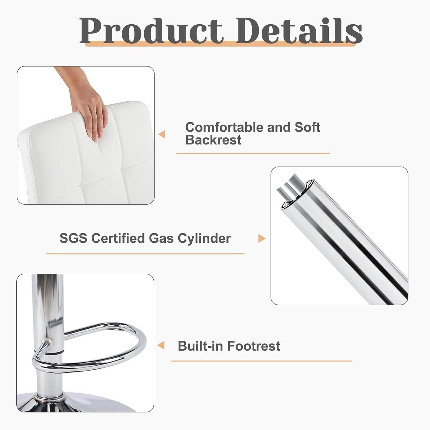 Bar Stools Set of 4, Armless PU Leather Adjustable Swivel Barstools, Hydraulic Kitchen Counter Height Thickened Seat Cushion Square Island Countertop Chairs with Back, Light White-3