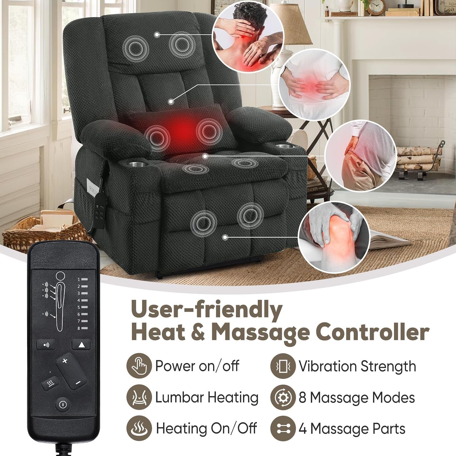 Large Dual Motor Lay Flat Power Lift Recliner Chair, Massage Recliner Chairs with Heat, Lumbar Pillow, USB & Type-C Ports, Oversized Recliner for Big & Elderly People for Living Room - Grey-3