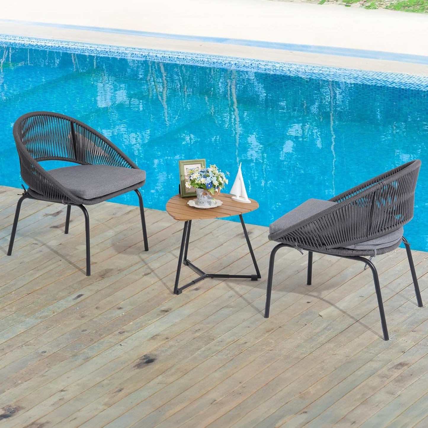 Patio Furniture Set, 3 Piece Outdoor Bistro Chair Conversation Sets Woven Rope with Wood Coffee Table for Yard Backyard Lawn Garden Porch Backyard Deck Poolside Balcony-4