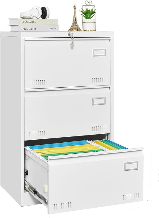 Lateral File Cabinet 3 Drawer File Cabinet with Lock and Card Holder, Metal Steel Lockable Drawer File Cabinets under Desk for Home Office Legal/Letter/F4/A4 White-0