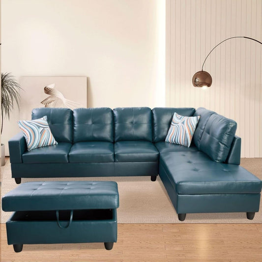 L-Shaped 3-Piece Semi PU Synthetic Leather Sofa with Storage Ottoman Set, Sectional Couch Sofa Set for Living Room, Office, Small Space, Peacock Blue-0