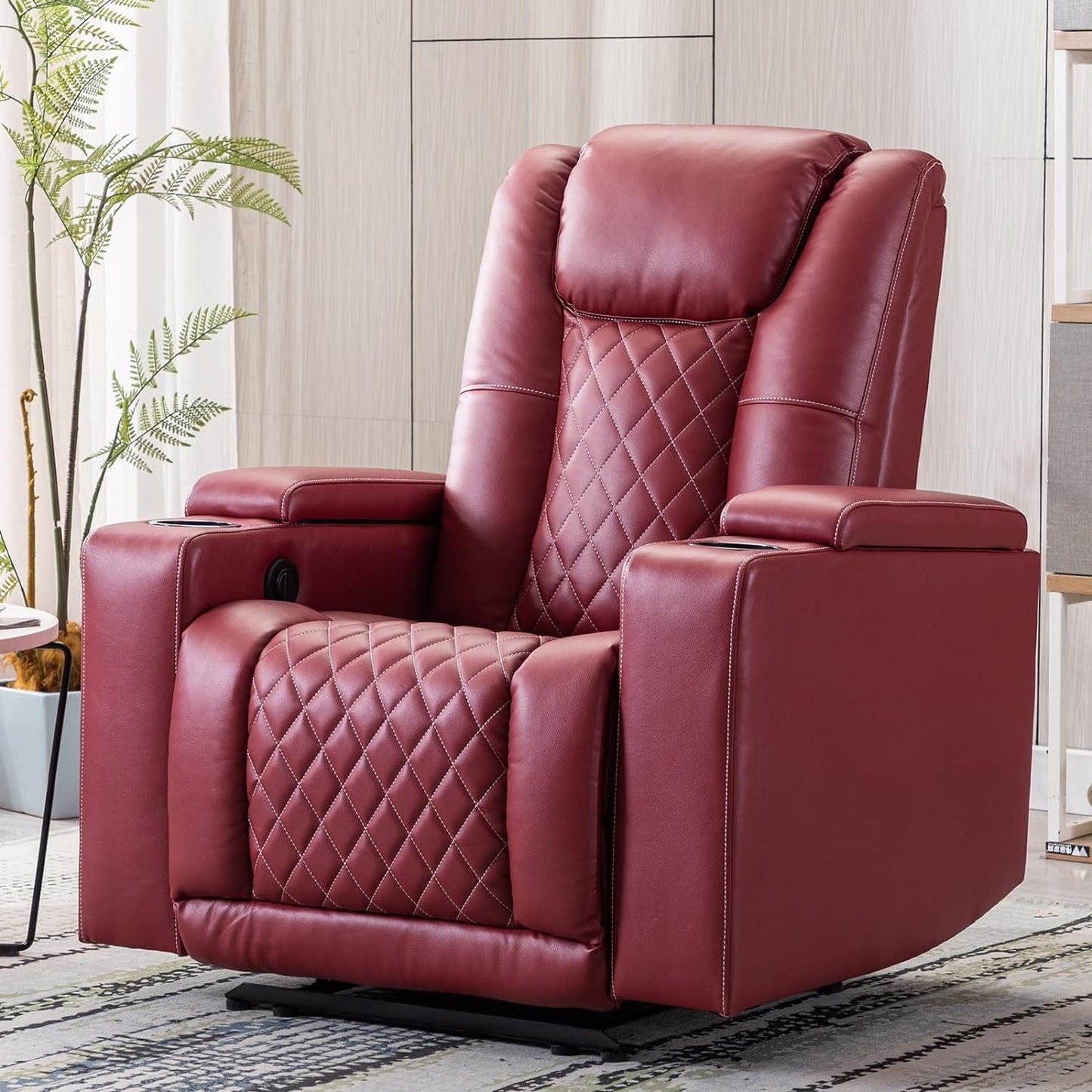 Electric Power Recliner Chair Soft Leather Reclining with USB Ports and Cup Holders, Red Home Theater Seating with Hidden Arm Storage Movie & Media Room Chairs-0