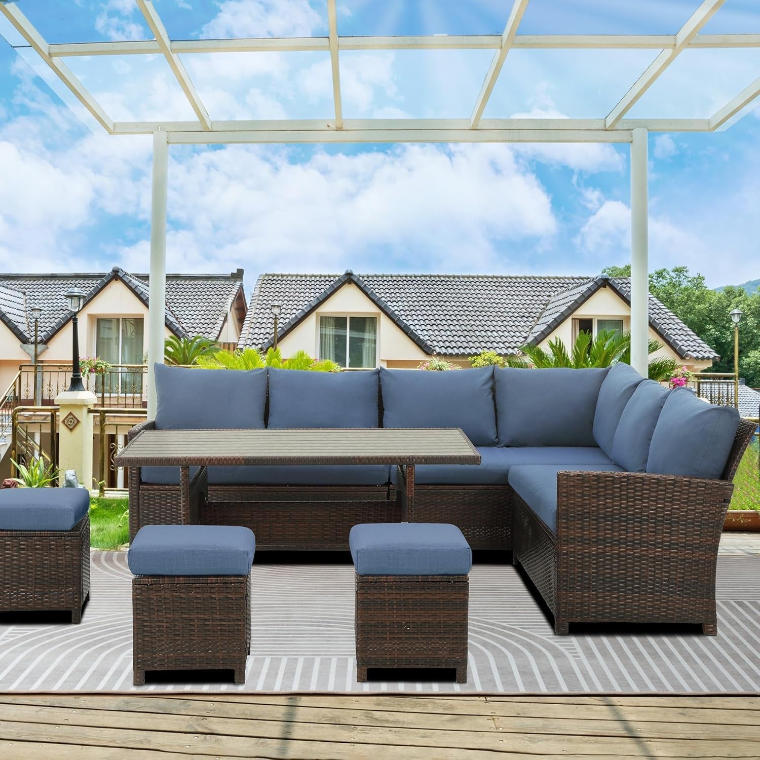 7 Pieces Patio Furniture Set Outdoor Furniture Sectional, High Back Outdoor Patio Dining Table Set, Wicker Patio Conversation Set with Cushions for Balcony Lawn and Garden, Blue-1