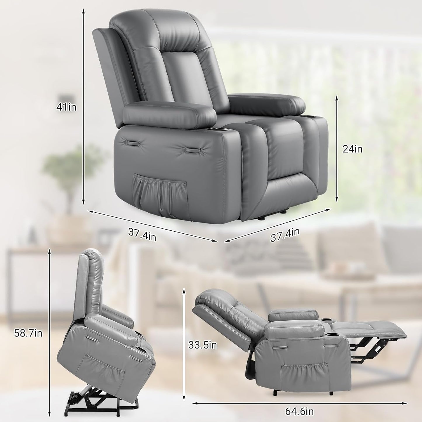 Power Lift Recliner Chair PU Leather with Massage for Elderly Ergonomic Lounge Chair Classic Single Sofa with 2 Cup Holders Side Pocket (Gray, 22" Seat Width + Cup Holder)-2