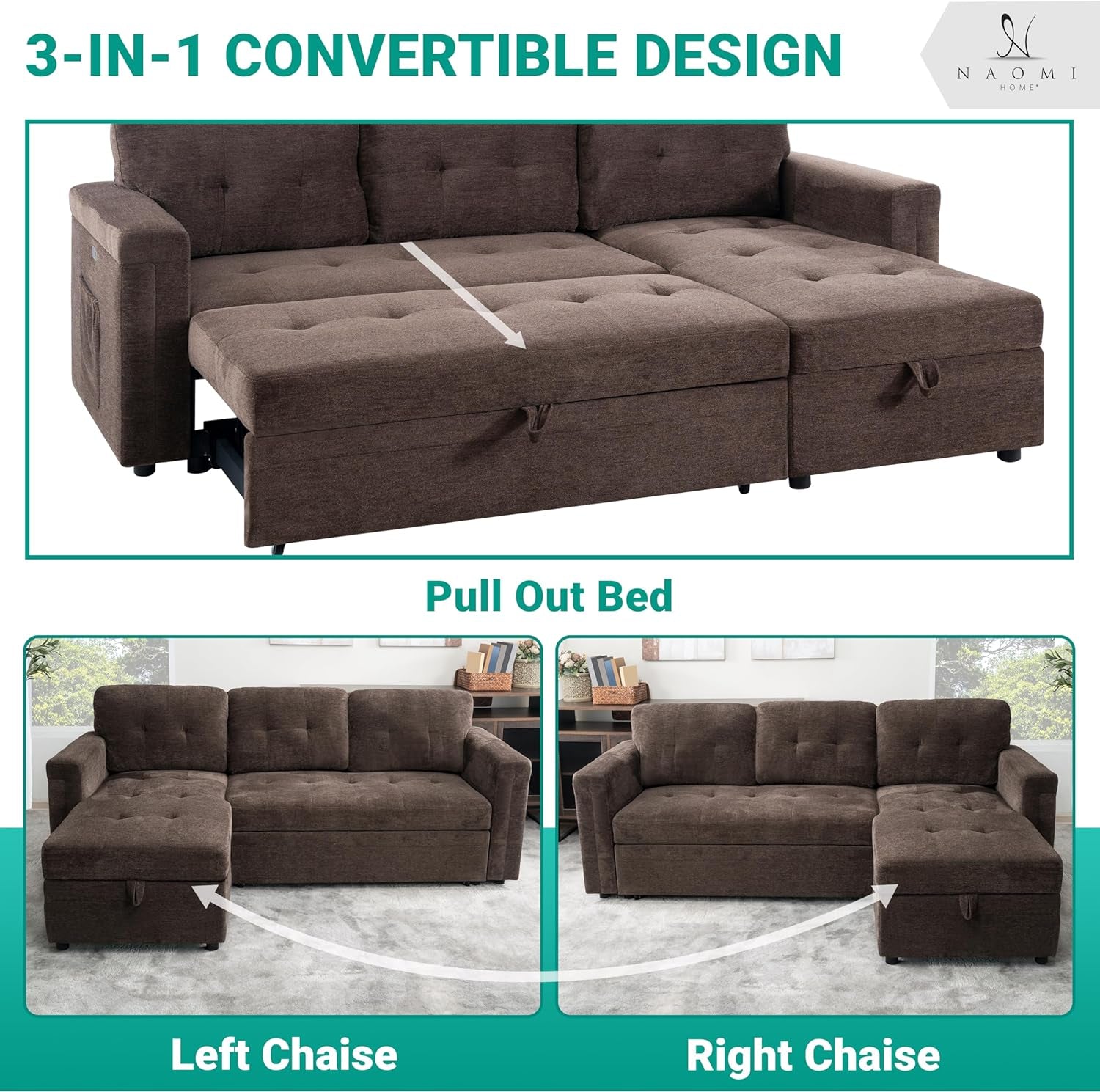 L-Shaped Sectional Sleeper Sofa with USB Ports - Convertible Pull-Out Bed, Ample Storage, Timeless Design, Durable Construction, Espresso/Microfiber-4