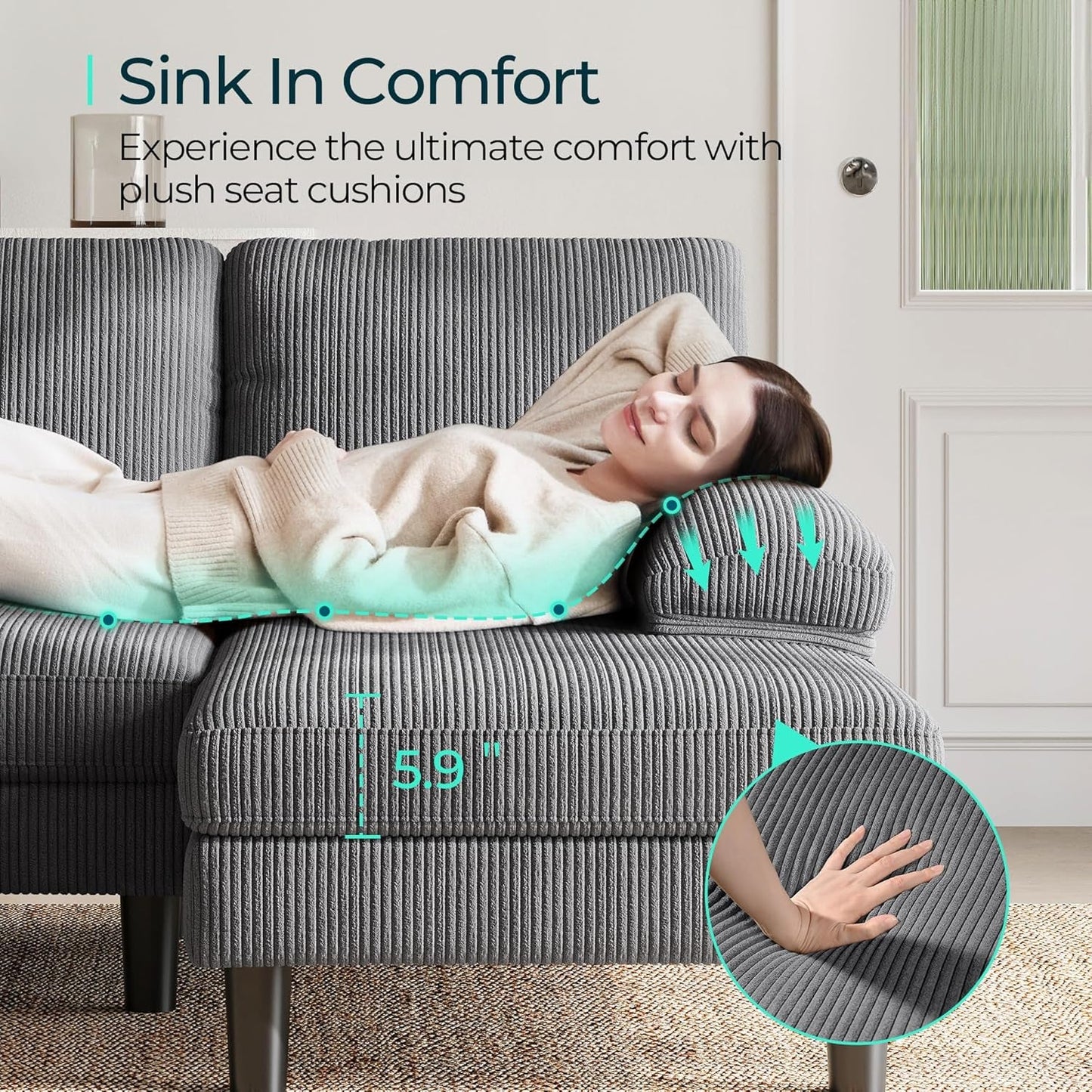 Sectional Couch, 111'' W Corduroy U Shaped Sofa with Sleepable Armrests, 4 Seat Couch with Double Chaises, Deep Sofa for Living Room, Grey-4