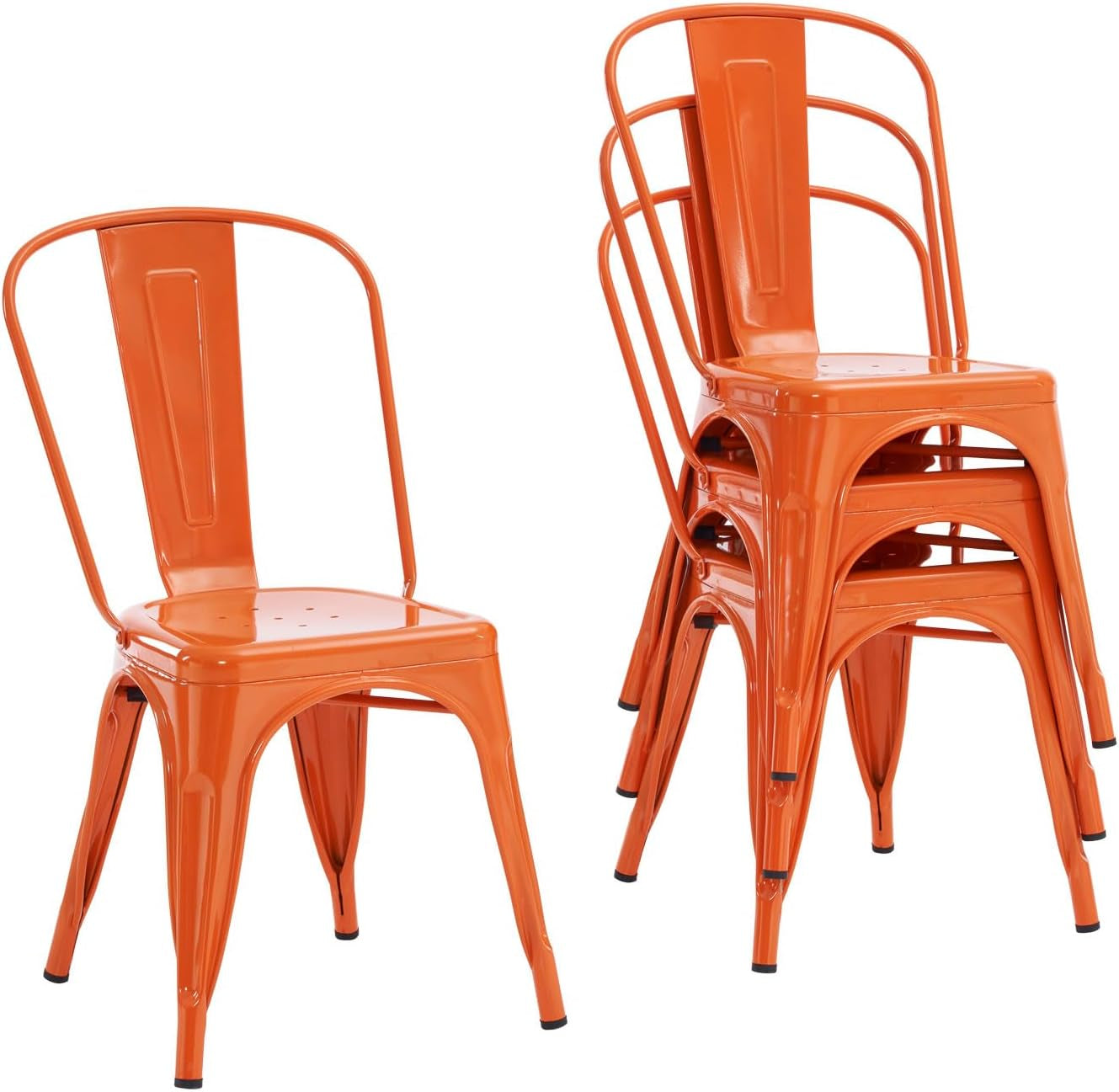 Metal Dining Chair Farmhouse Tolix Style for Kitchen Dining Room Café Restaurant Bistro Patio, 18 Inch, Stackable, Waterproof Indoor/Outdoor (Sets of 4) (Orange, Steel Seat)-0
