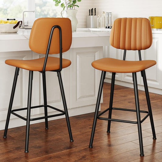 Bar Stools Set of 2, 24.6 Inch Counter Height Barstools, High Backrest Faux Leather Upholstered Counter Stools with Armless Footrest Modern Bar Chairs Tall Pub Stools for Kitchen Dining,Brown-0