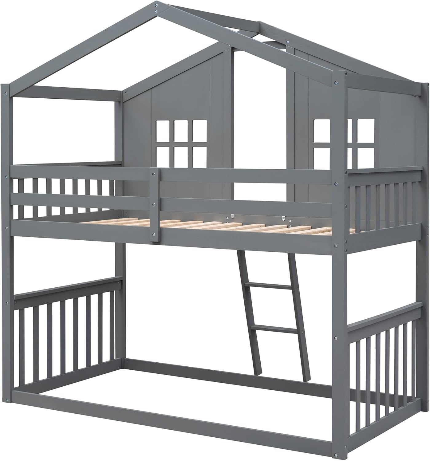 House Bunk Beds, Twin over Twin Bunk Bed with Roof, Ladder and Windows, Floor Bunk Bed, Low Bunk Loft Bed for Kids Teens Boys & Girls, Gray-4