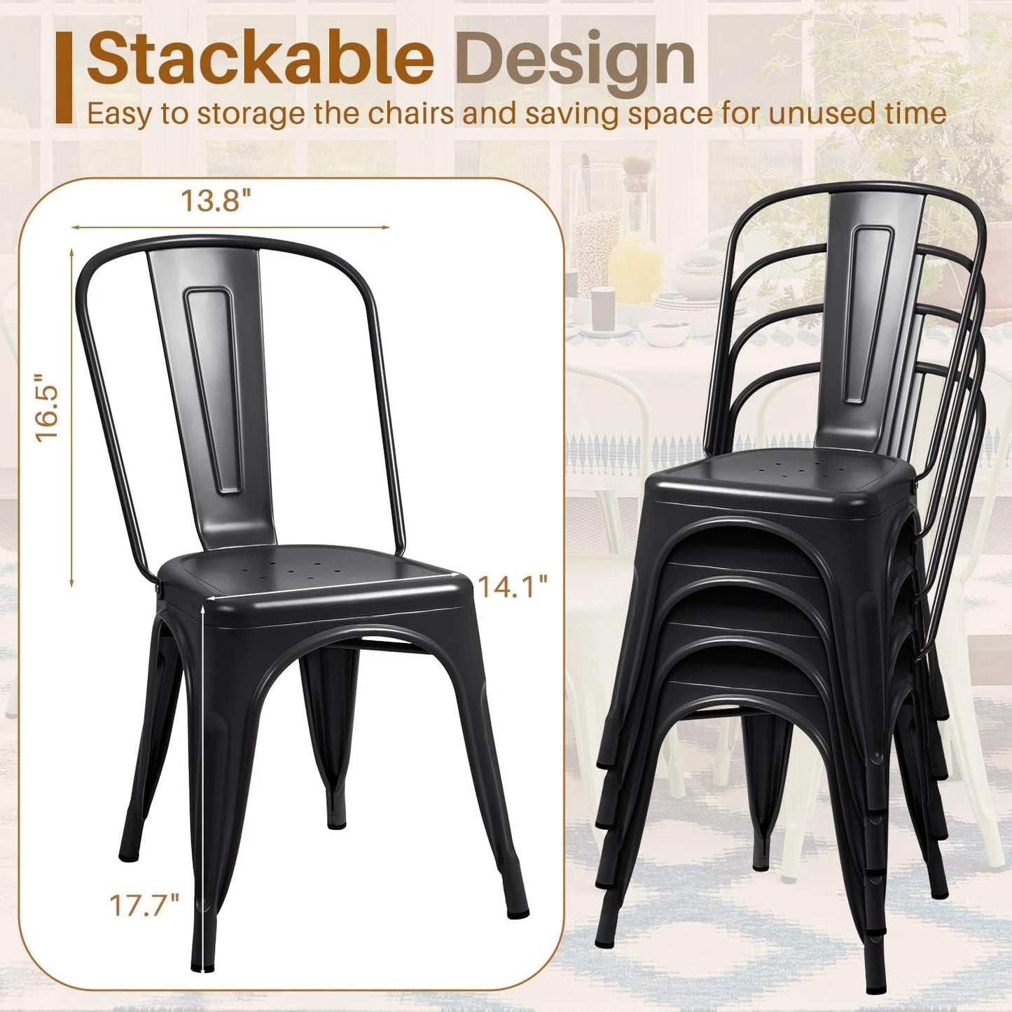 Metal Dining Chair Indoor-Outdoor Use Stackable Classic Trattoria Chair Chic Dining Bistro Cafe Side Metal Chairs Set of 4 (Black)-2