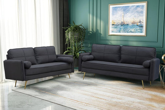 Modern 2 Piece Sofa Set Velvet Loveseat & Sofa Set Tufted Loveseat & Couch Set Upholstered Living Room Furniture Set with Bolsters & Metal Legs for Living Room,Bedroom,Dorm - Black-1