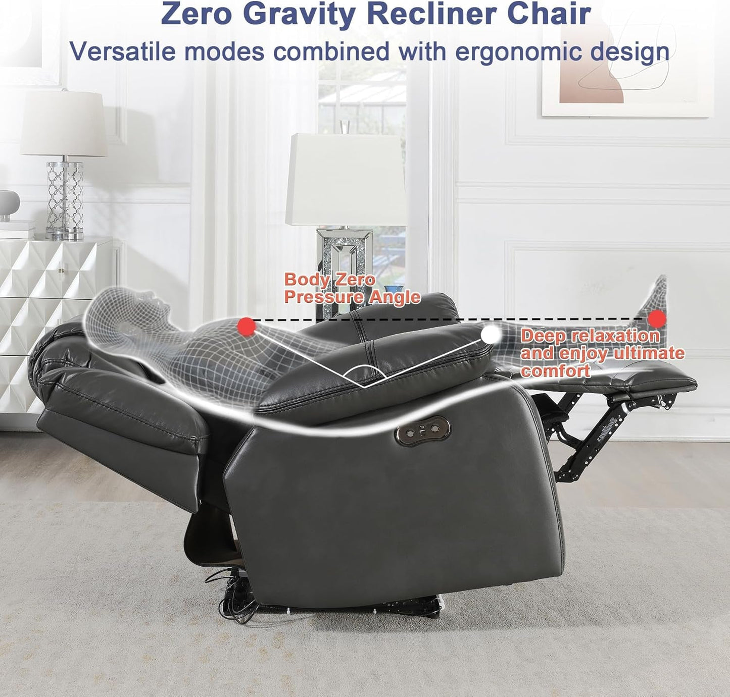 Power Reclining Sofa Set with LED Light,0 Gravity Air Leather Recliner Sofa Set with Bluetooth Speaker,Wireless Charger,Storage Console,Usb Ports,Cup Holders for Living Room/Office(2Pcs,Gray)-3