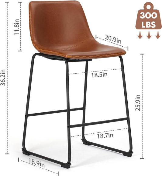 26 Inch Counter Height Bar Stools Set of 4, Modern Faux Leather High Barstools with Back and Metal Leg, Bar Chairs for Kitchen Lsland, Elegant Brown-1