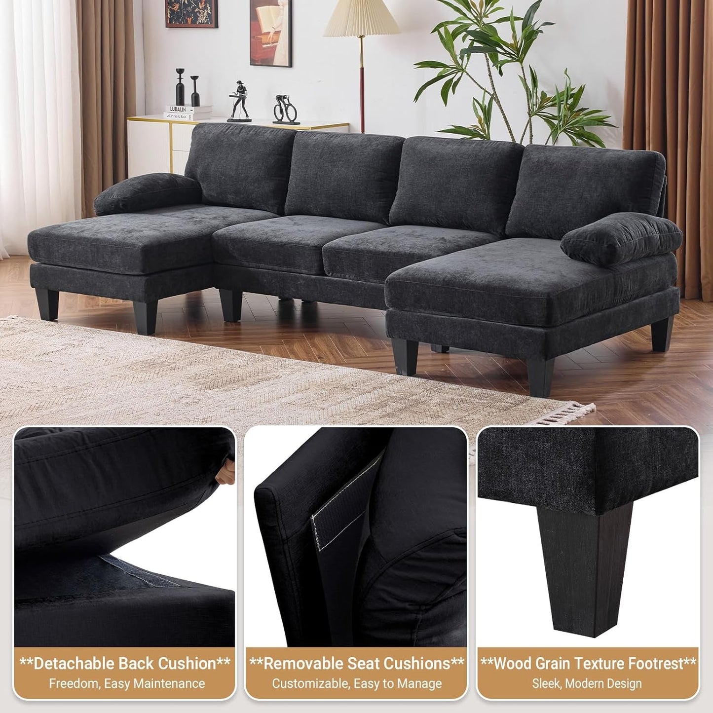 110" Sectional Couches for Living Room,U Shaped Couch with Double Chaise, 4-Seat Sofa Set with Chenille Fabric for Home Furniture,Black-2