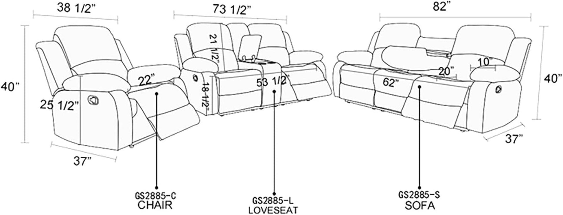 Recliner Sofa Set Living Room Furniture, Flannel Fabric Reclining Sofa Set, Recliner Couch Set with Cup Holders and Storage Console (3 Pieces Living Room Furniture Set, Dark Grey)-1