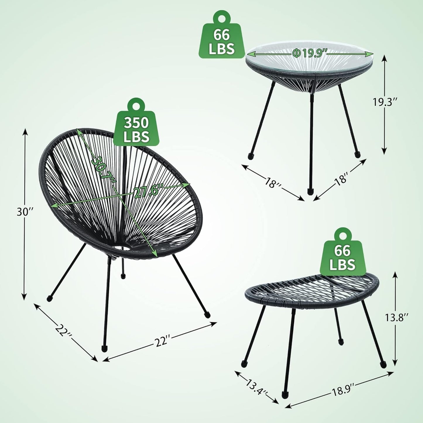 5 Piece Acapulco Chair Set, Outdoor Acapulco Chairs, Oval Furniture Set, Woven Patio Bistro Set, Balcony Table and Chairs with Footrest, Black-2