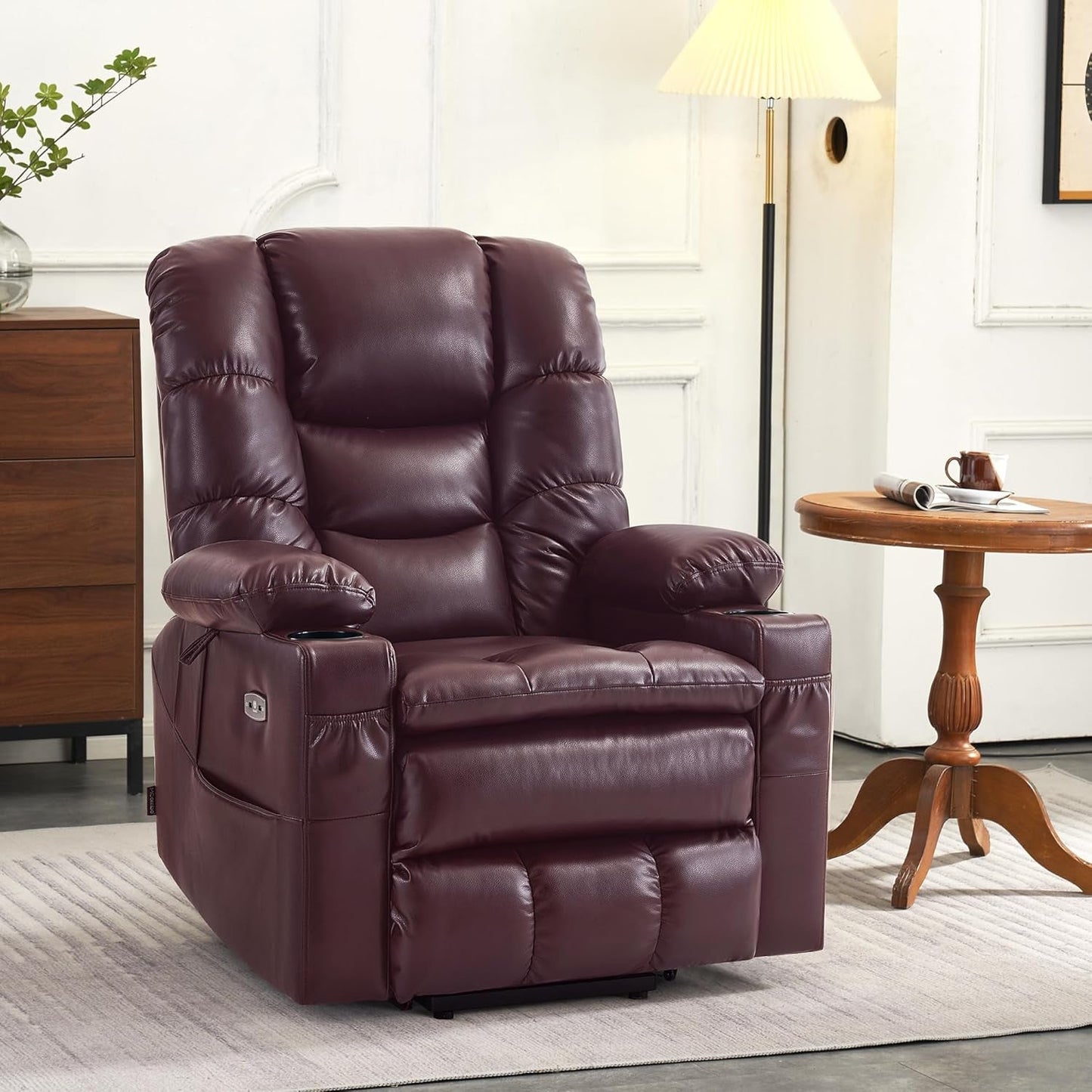 Dual Motor Power Lift Recliner Chair with Massage and Dual Heating, Adjustable Headrest for Big and Tall Elderly People, Faux Leather 7634 (Wine, Large-Regular)-1