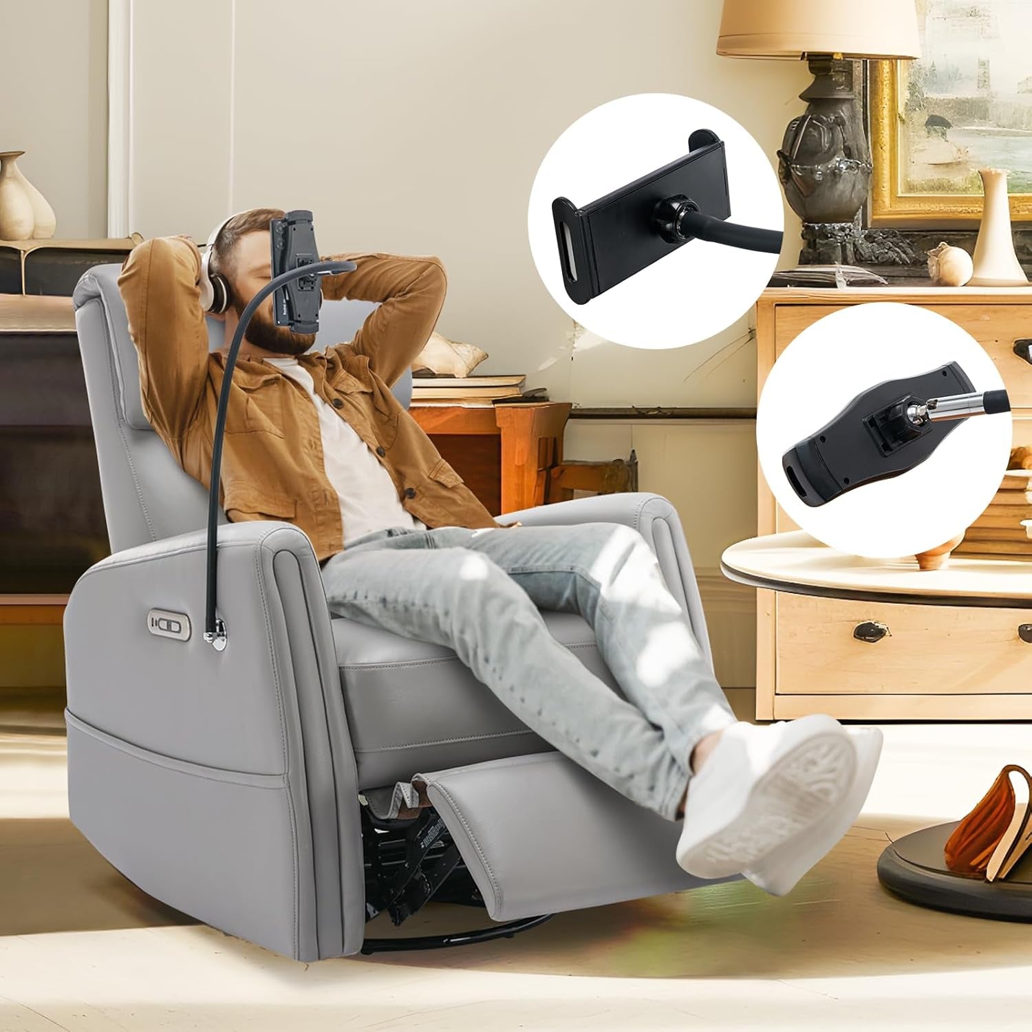 Power Recliner Chairs Swivel Glider Rocker for Nursery, Upholstered Faux Leather Living Room Rocking Reclining Single Sofa Chair with 2 Device Holders, Grey, Set of 2-3