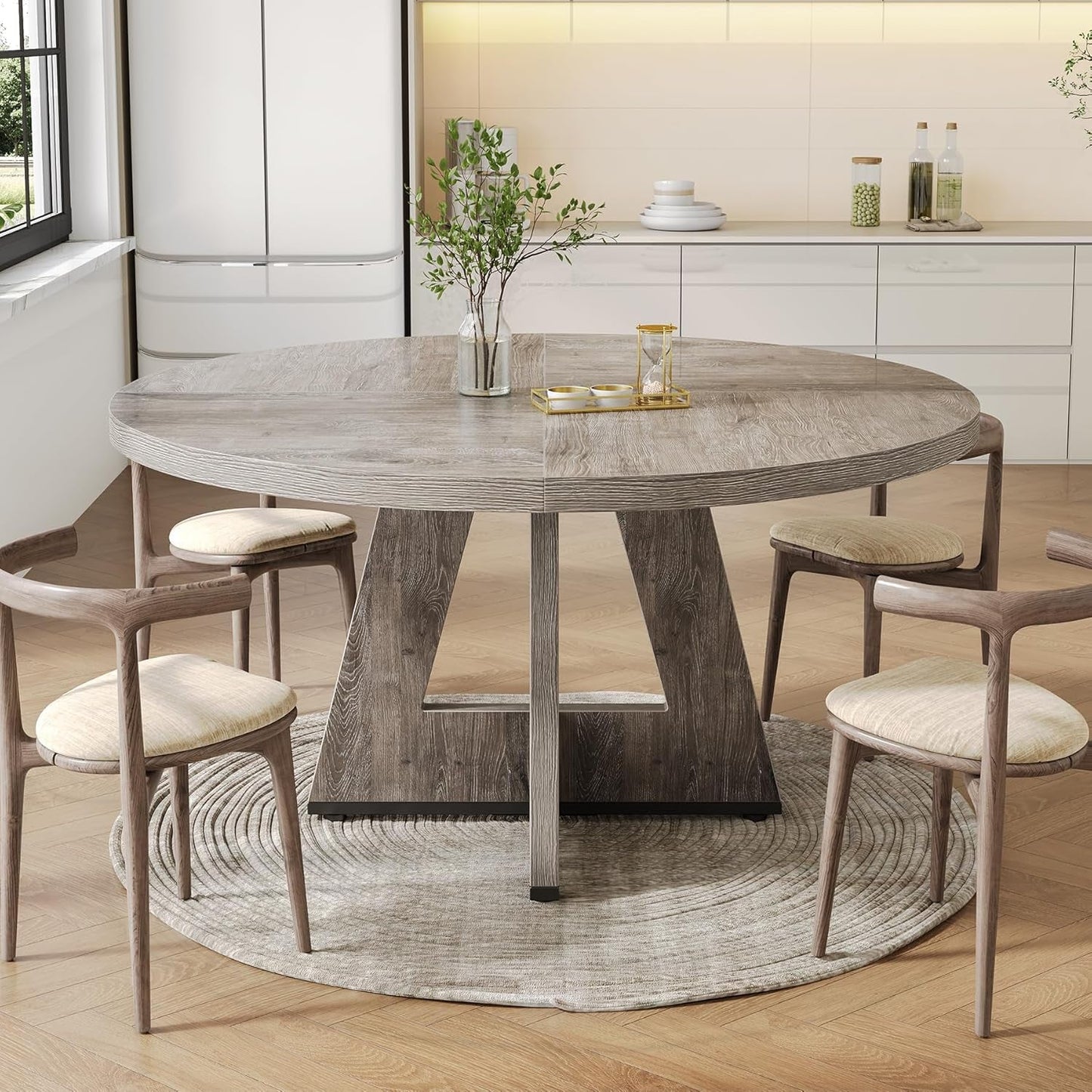round Dining Table for 4-6 People, 47 Inches Dining Room Table with Wooden Pedestal Base, Grey Dinner Table, Circle Kitchen Table for Dining Room, Kitchen, Living Room(Table Only)-1