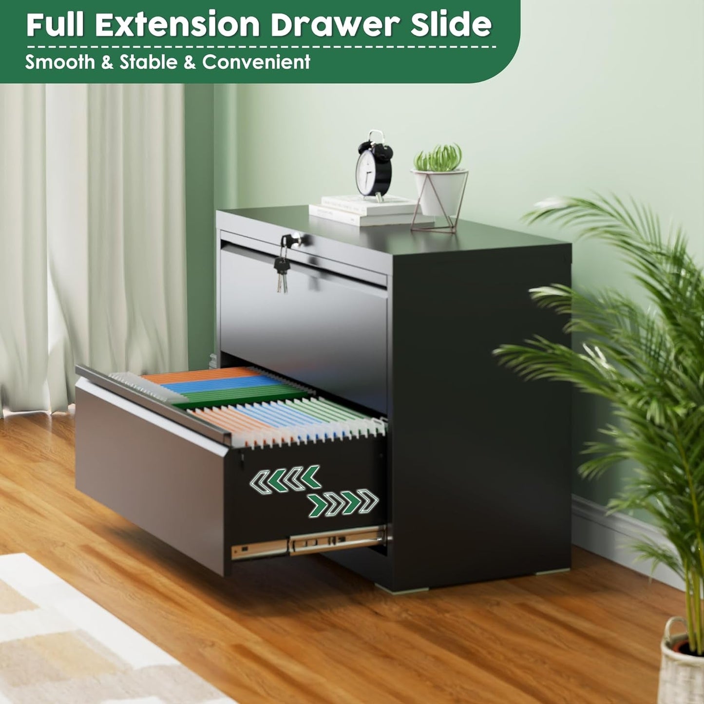 2 Drawer Wide Lateral File Cabinet, Metal Filing Cabinet with Lock, Suitable for Home Office School Hanging Files Letter/Legal/F4/A4 Size,Black,Required-Assembly-3