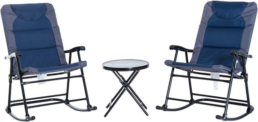 3 Piece Outdoor Patio Furniture Set with Glass Coffee Table & 2 Folding Padded Rocking Chairs, Bistro Style for Porch, Camping, Balcony, Navy Blue-0